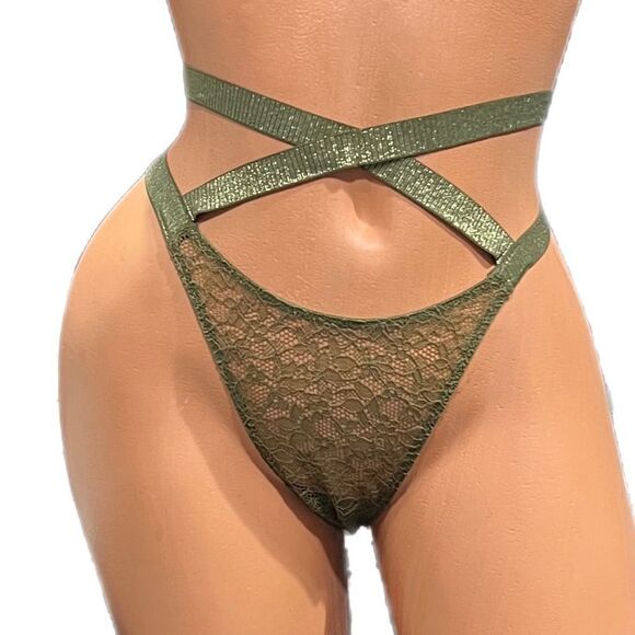 Victoria’s Secret Very Sexy Brazilian Slip Strappy High Waist Lace Panty Olive - Picture 2 of 5